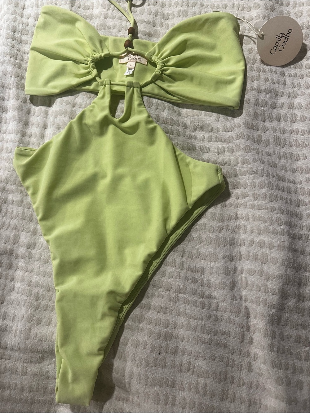 Camila Coelho Sage Green Halter Cutout One-Piece with wooden beads. - Picture 3 of 5